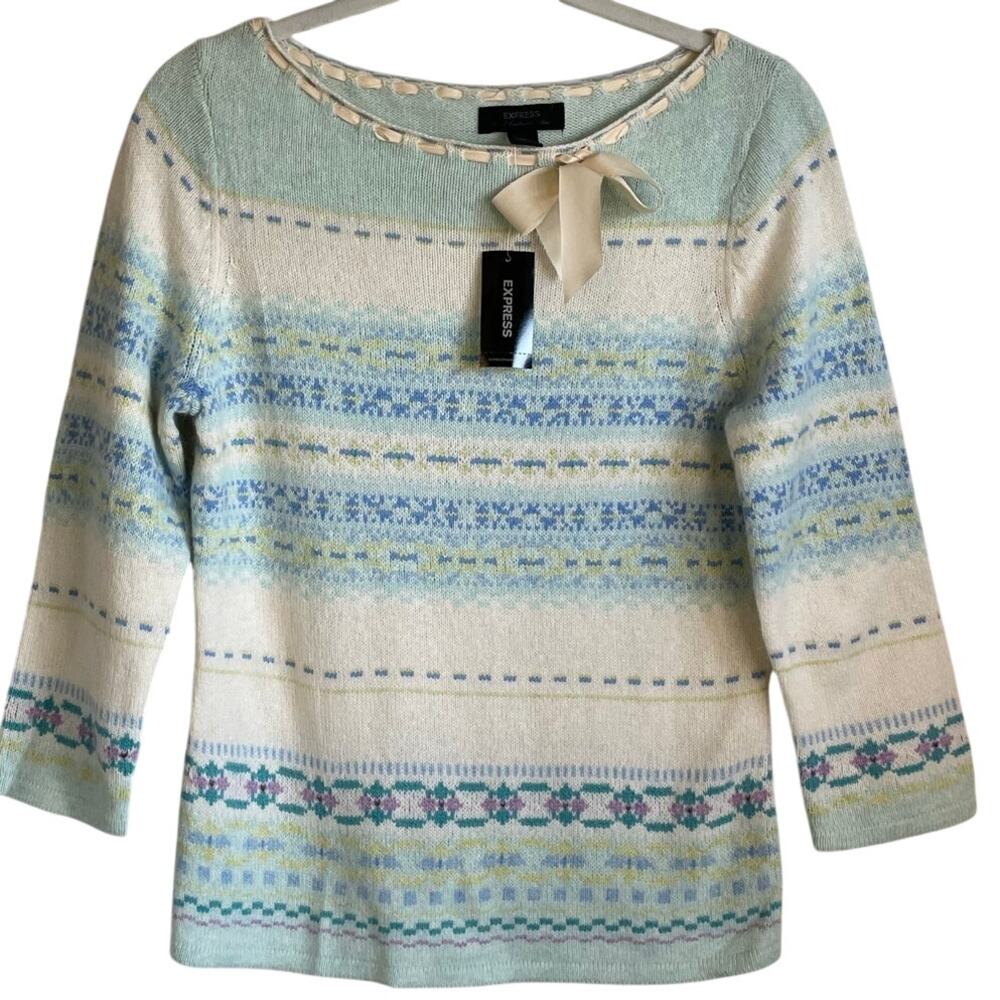 NEW Express Fair Isle Pullover Sweater Wool Angora Cashmere Blend Sz L Soft Girl